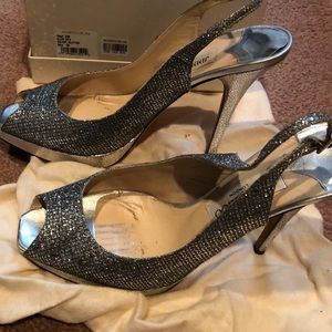 Jimmy Choo silver glitter peep toe pumps